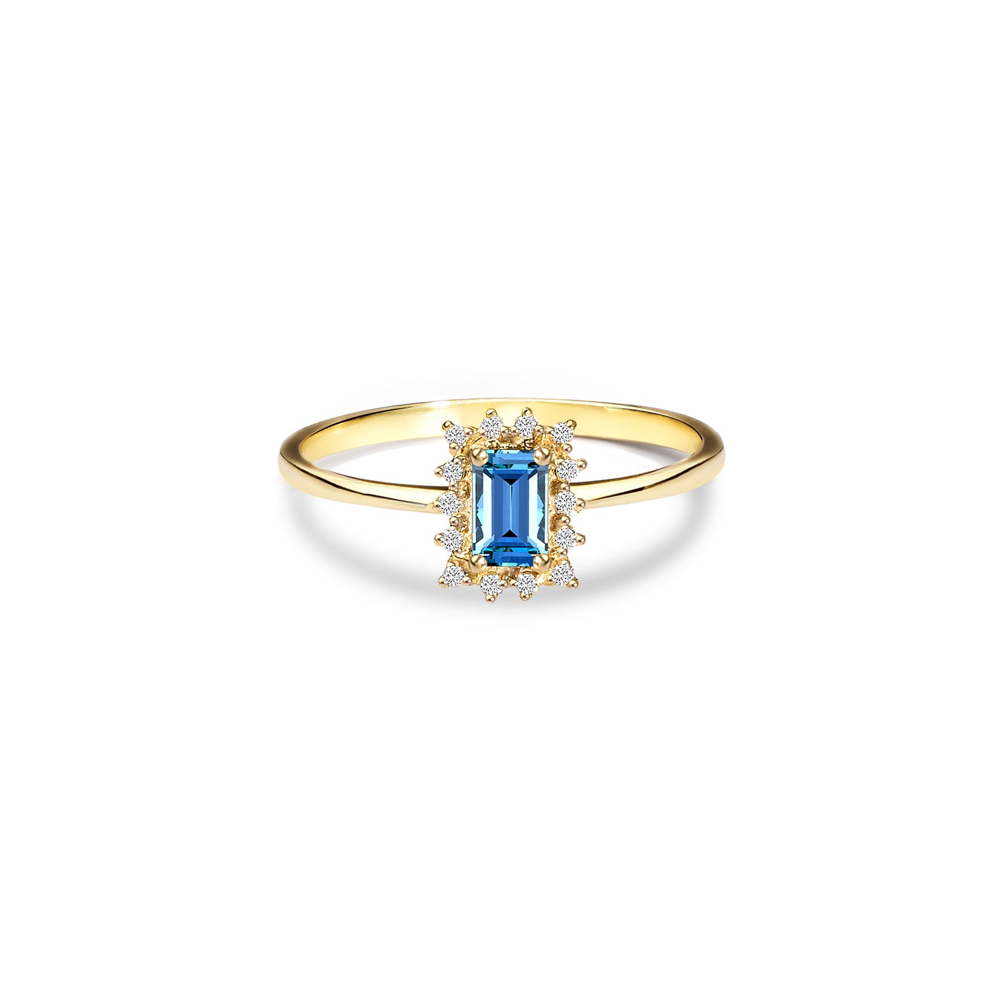 Blue Topaz Rectangle Ring with Real Diamonds, 14K Solid Gold