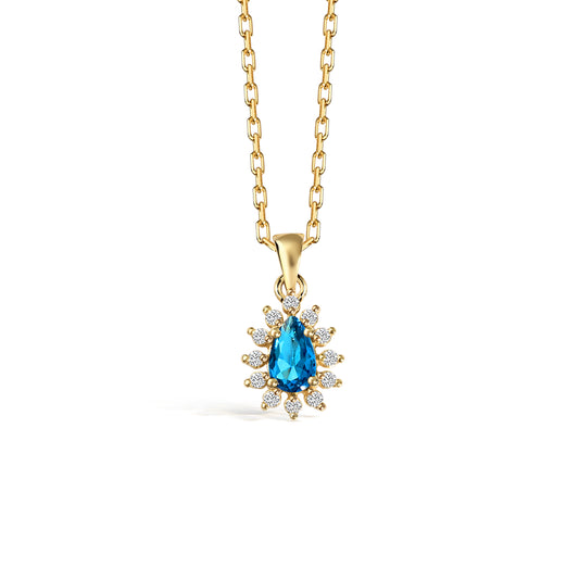 Teardrop Blue Topaz Necklace surrounded by Real Diamonds 14K Solid Gold, December Birthstone