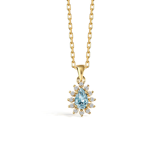 Teardrop Aquamarine Necklace surrounded by Real Diamonds 14K Solid Gold, March Birthstone