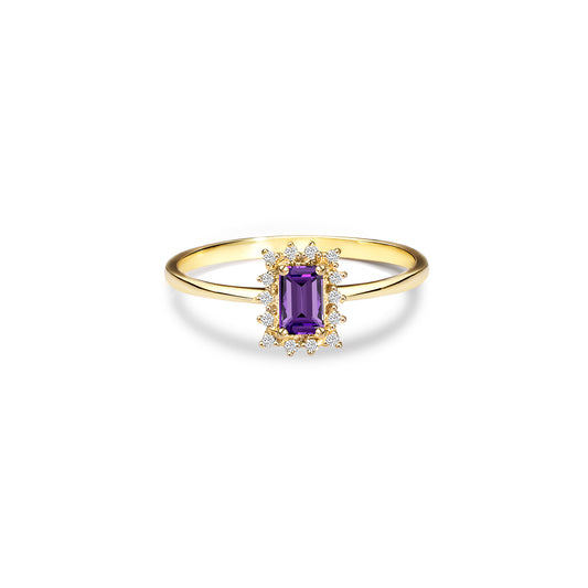 Amethyst Rectangle Ring with Real Diamonds, 14K Solid Gold