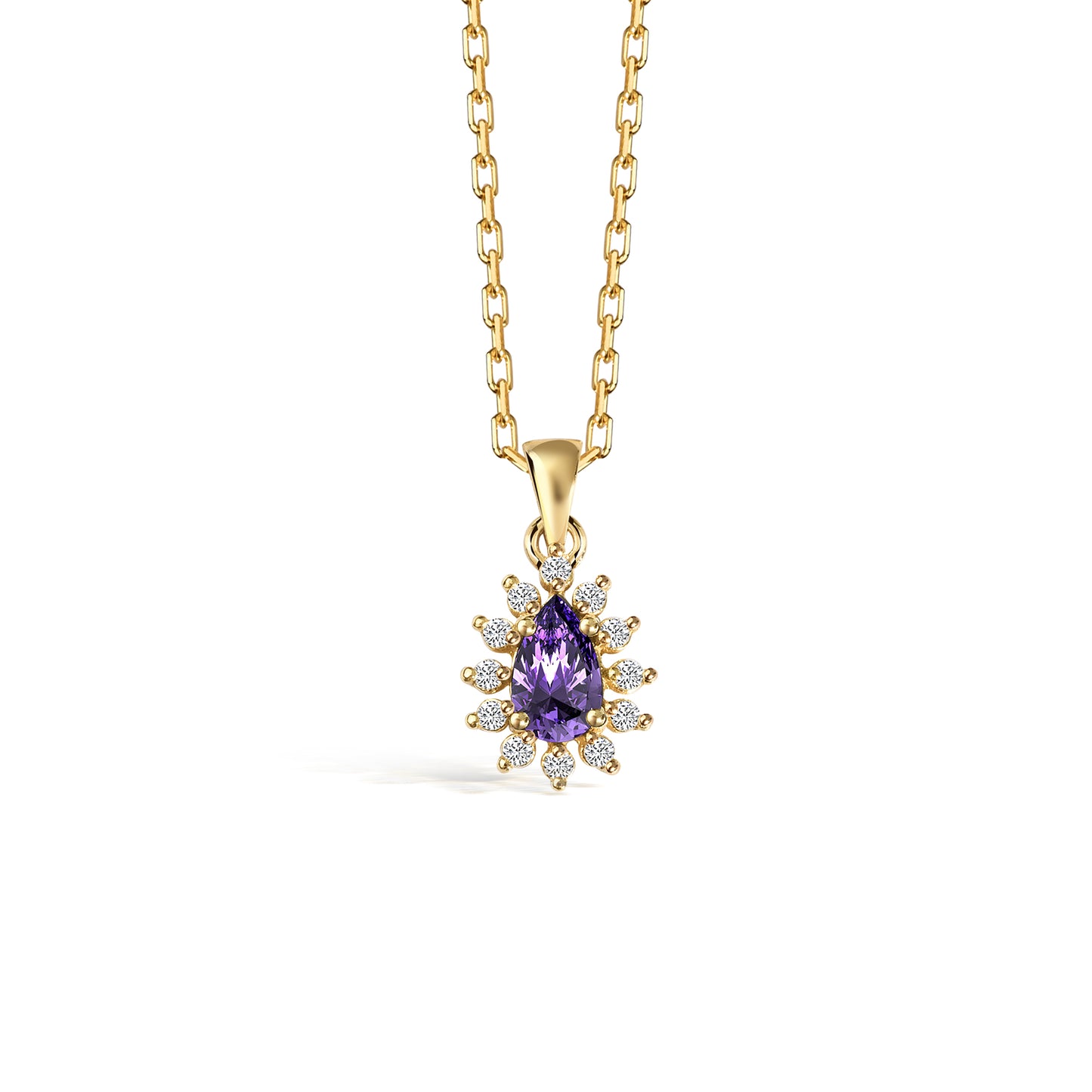 Teardrop Amethyst Necklace surrounded by Real Diamonds 14K Solid Gold, February Birthstone