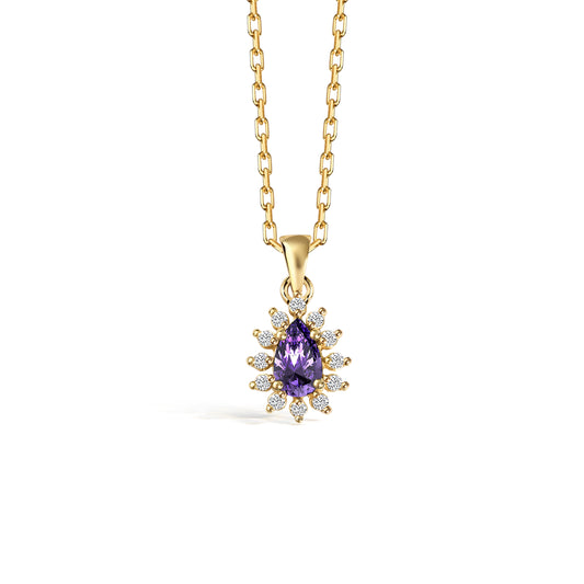 Teardrop Amethyst Necklace surrounded by Real Diamonds 14K Solid Gold, February Birthstone