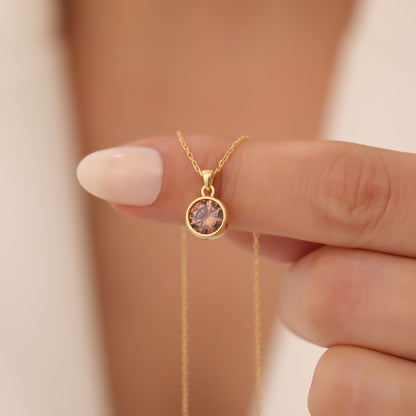 Round Smoky Quartz Bezel Necklace in 14K Solid Gold | Birthstone Pendant