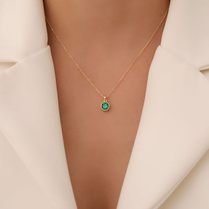 Round Emerald Bezel Necklace in 14K Solid Gold | May Birthstone Pendant