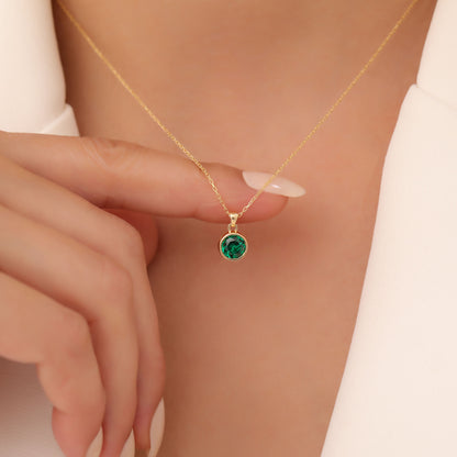 Round Emerald Bezel Necklace in 14K Solid Gold | May Birthstone Pendant