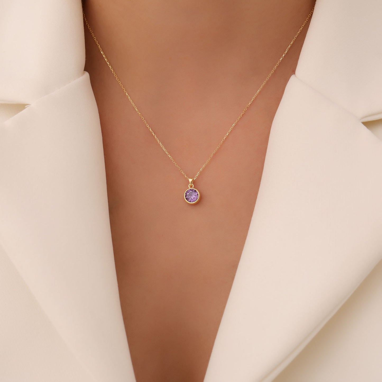 Round Amethyst Bezel Necklace in 14K Solid Gold | February Birthstone Pendant