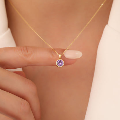 Round Amethyst Bezel Necklace in 14K Solid Gold | February Birthstone Pendant