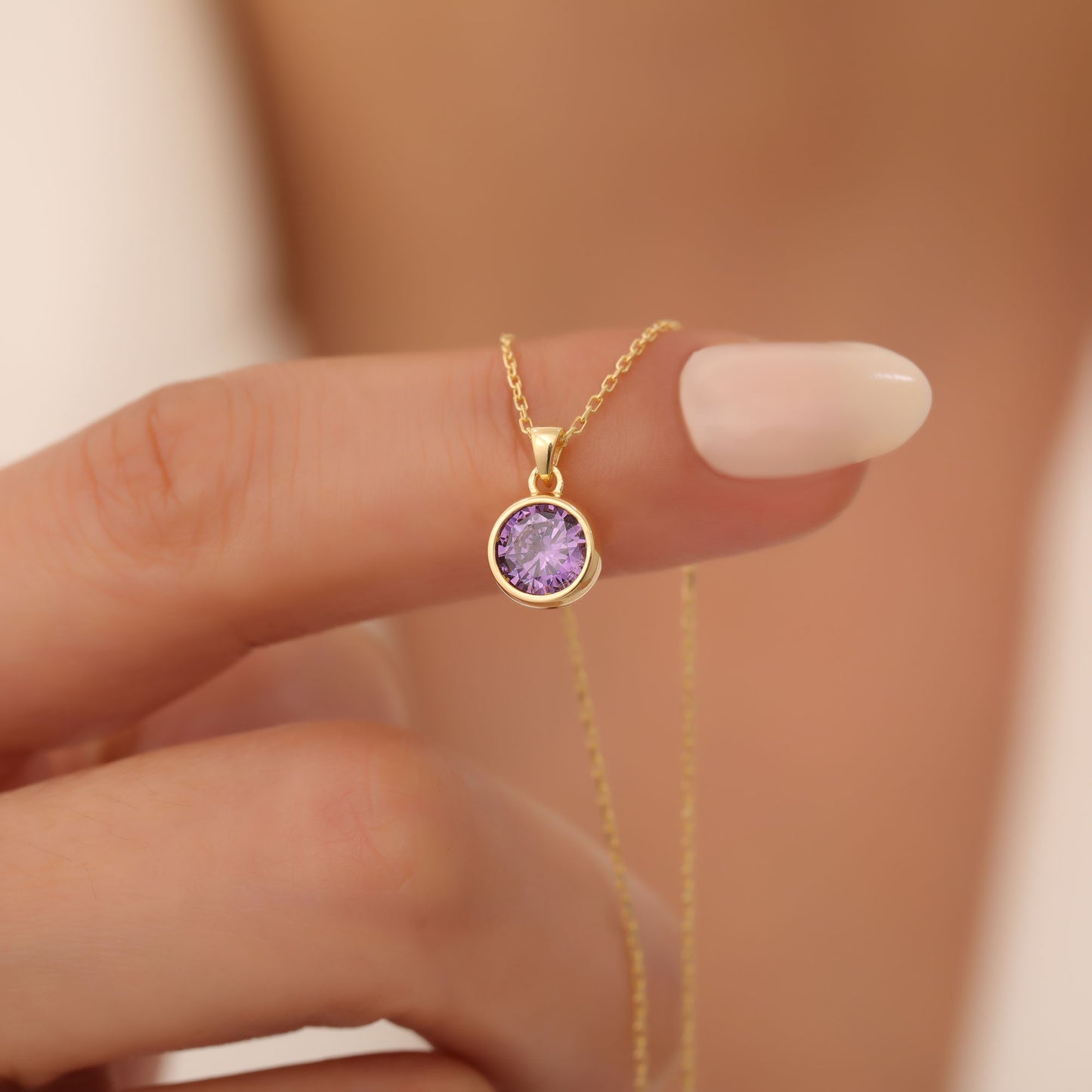 Round Amethyst Bezel Necklace in 14K Solid Gold | February Birthstone Pendant