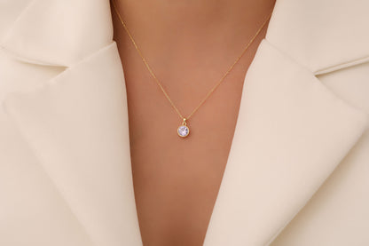 Round Alexandrite Bezel Necklace in 14K Solid Gold | June Birthstone Pendant