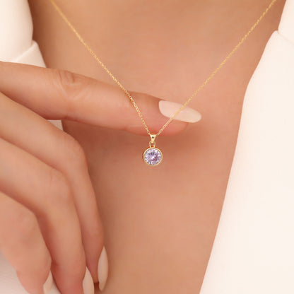 Round Alexandrite Bezel Necklace in 14K Solid Gold | June Birthstone Pendant