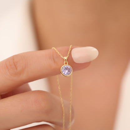 Round Alexandrite Bezel Necklace in 14K Solid Gold | June Birthstone Pendant