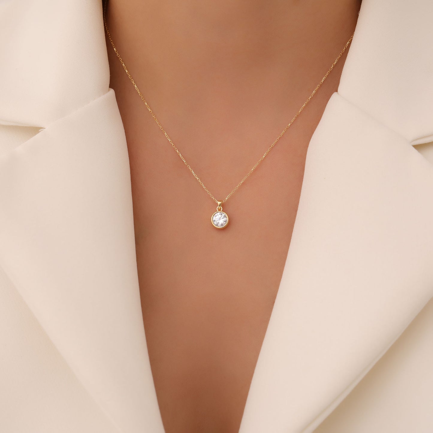 Round White Topaz Bezel Necklace in 14K Solid Gold | April Birthstone Pendant