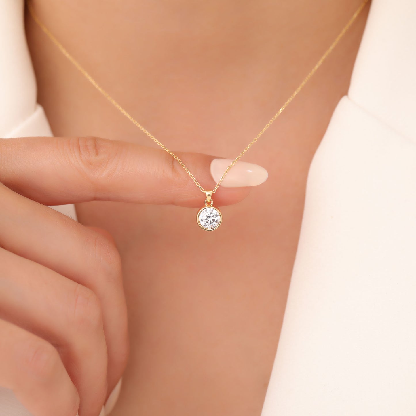 Round White Topaz Bezel Necklace in 14K Solid Gold | April Birthstone Pendant