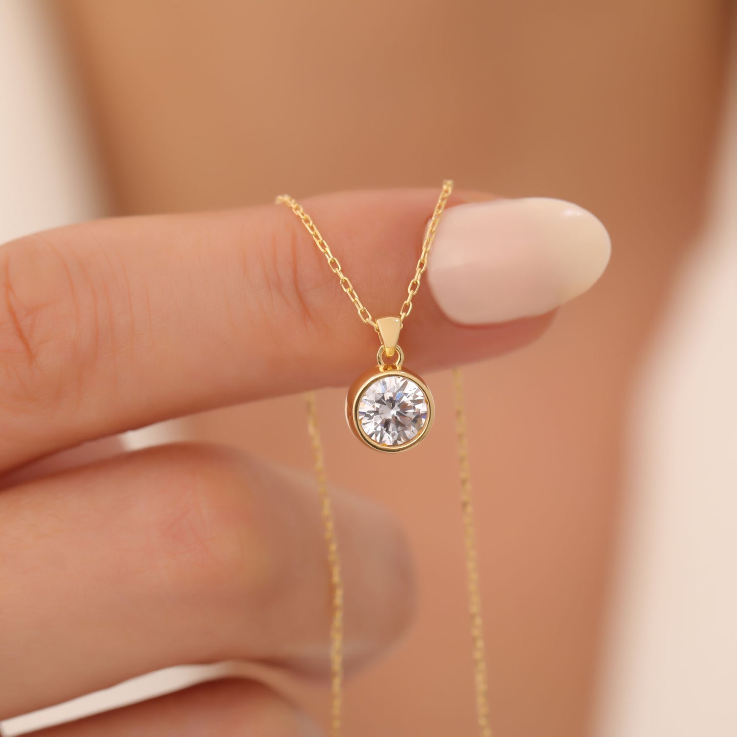 Round White Topaz Bezel Necklace in 14K Solid Gold | April Birthstone Pendant