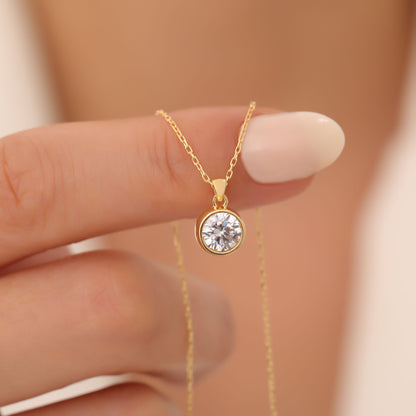 Round White Topaz Bezel Necklace in 14K Solid Gold | April Birthstone Pendant