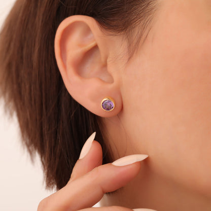 Round Amethyst Bezel Stud Earrings in 14K Solid Gold | February Birthstone