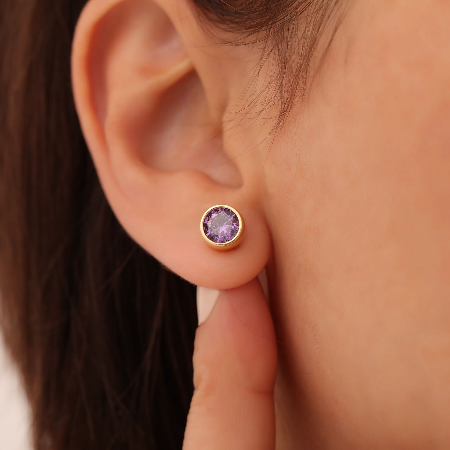 Round Amethyst Bezel Stud Earrings in 14K Solid Gold | February Birthstone