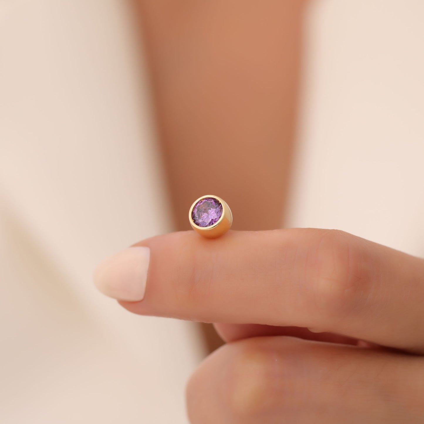 Round Amethyst Bezel Stud Earrings in 14K Solid Gold | February Birthstone