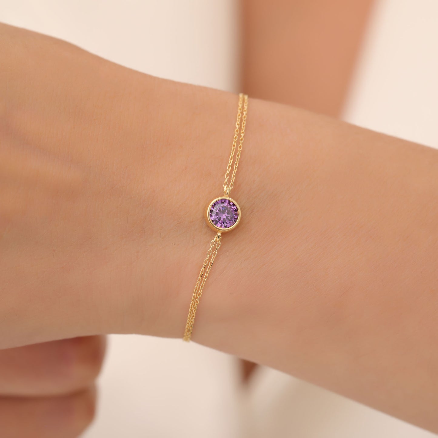 Round Amethyst Bezel Bracelet in 14K Solid Gold | February Birthstone