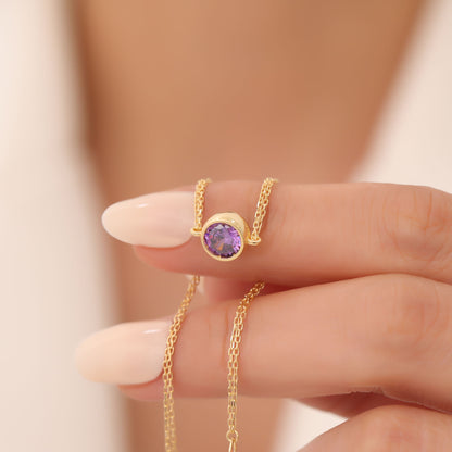 Round Amethyst Bezel Bracelet in 14K Solid Gold | February Birthstone