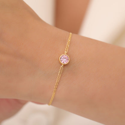 Round Pink Tourmaline Bezel Bracelet in 14K Solid Gold | October Birthstone