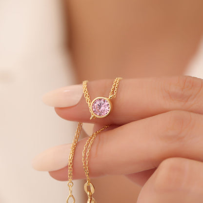 Round Pink Tourmaline Bezel Bracelet in 14K Solid Gold | October Birthstone