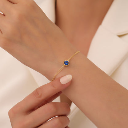 Round Sapphire Bezel Bracelet in 14K Solid Gold | September Birthstone