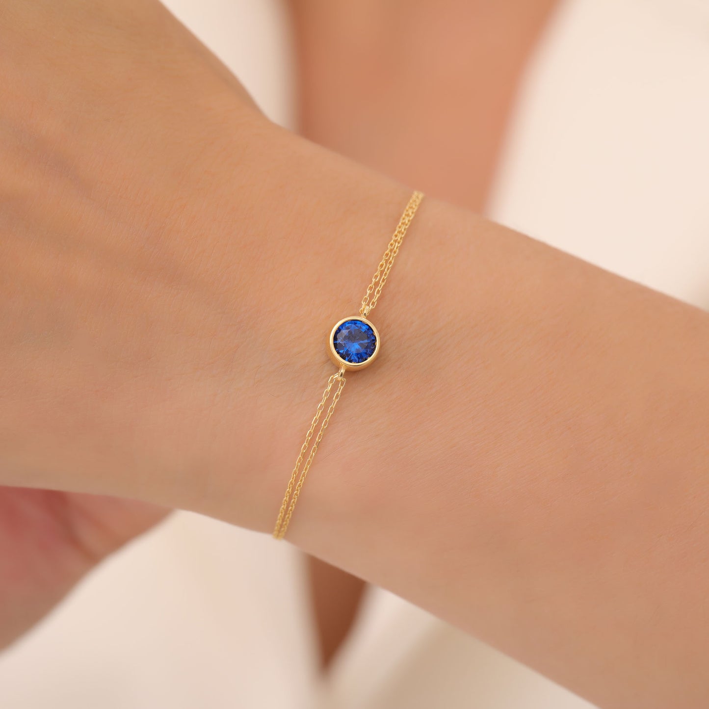 Round Sapphire Bezel Bracelet in 14K Solid Gold | September Birthstone