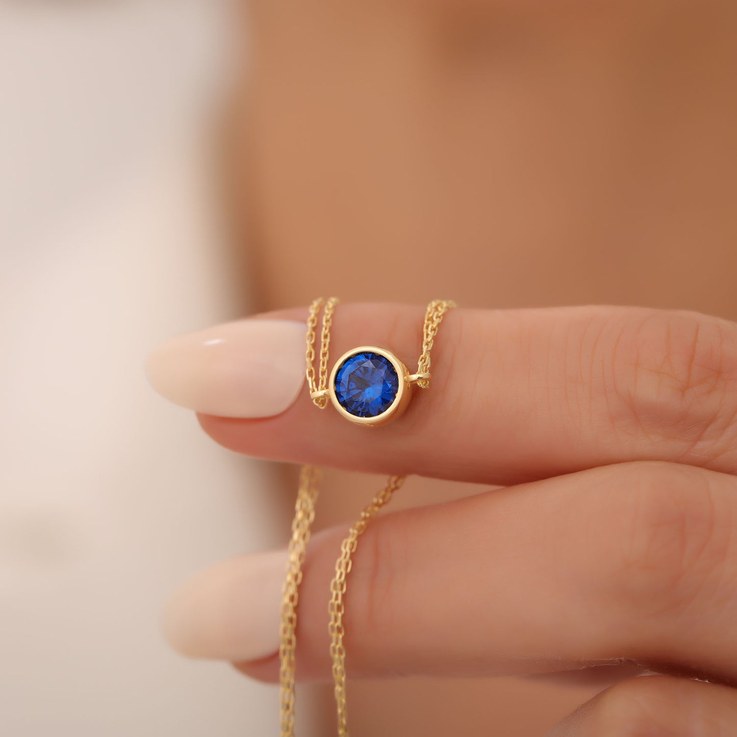 Round Sapphire Bezel Bracelet in 14K Solid Gold | September Birthstone