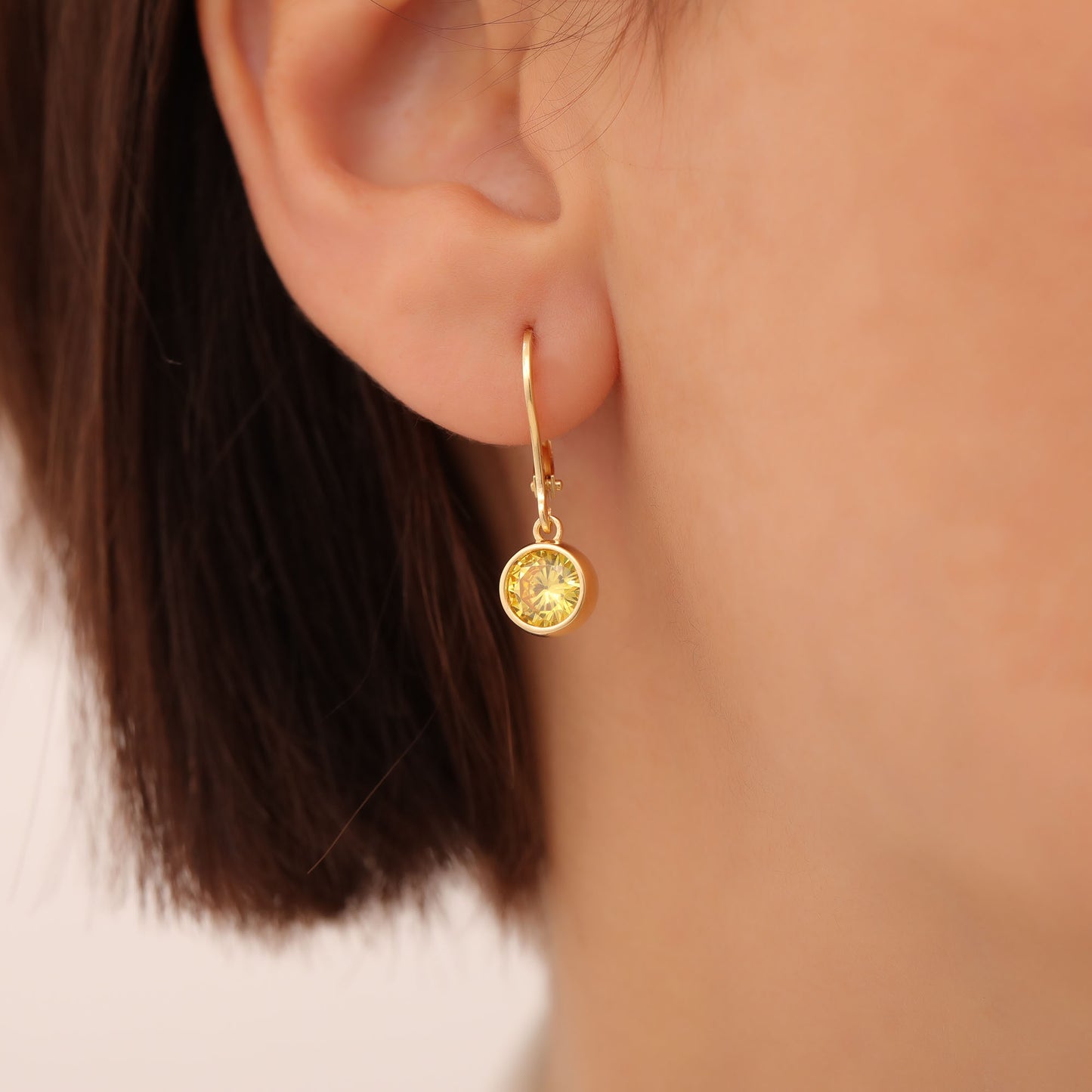 Round Yellow Topaz Bezel Dangle Earrings in 14K Solid Gold | Birthstone Jewelry