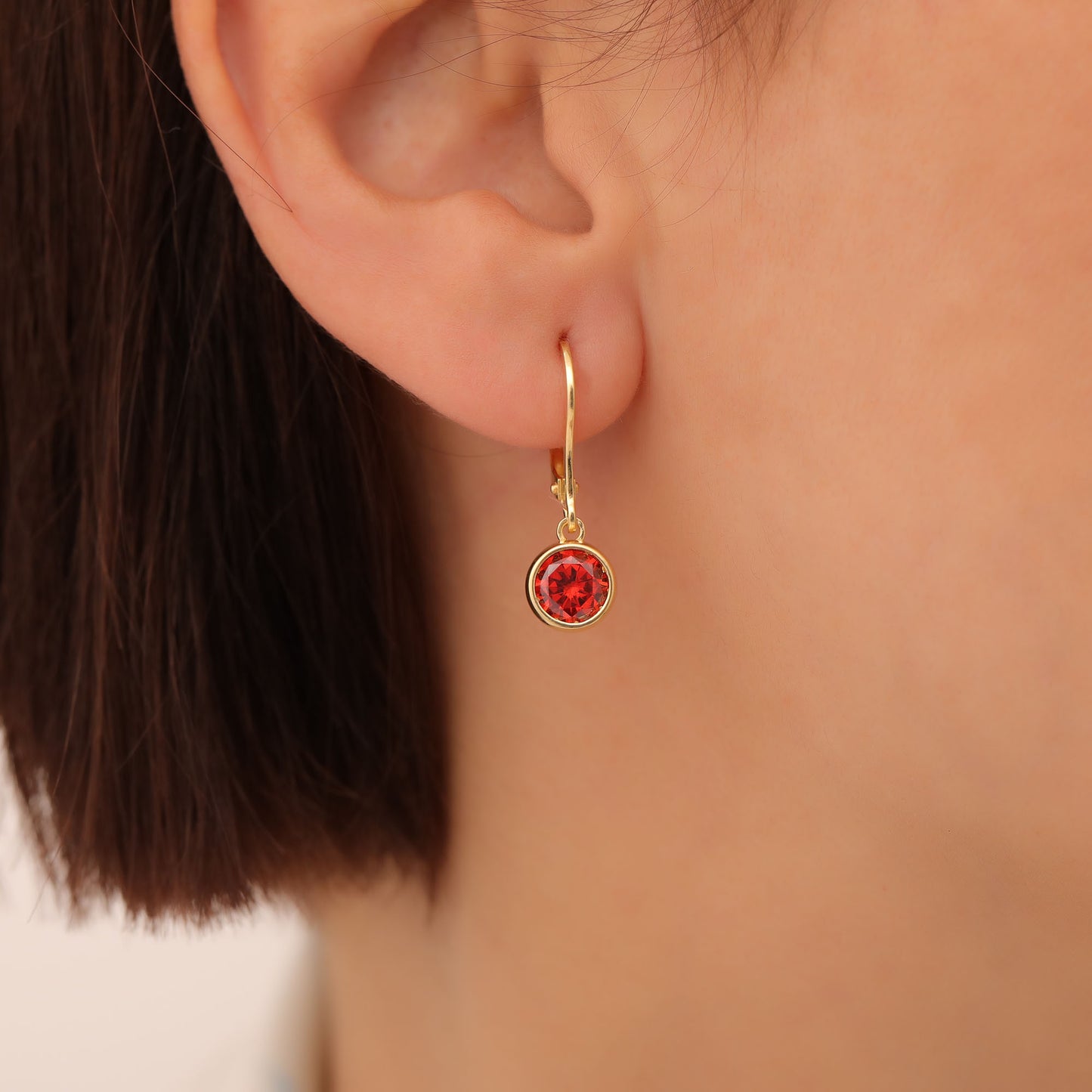 Round Garnet Bezel Dangle Earrings in 14K Solid Gold | January Birthstone