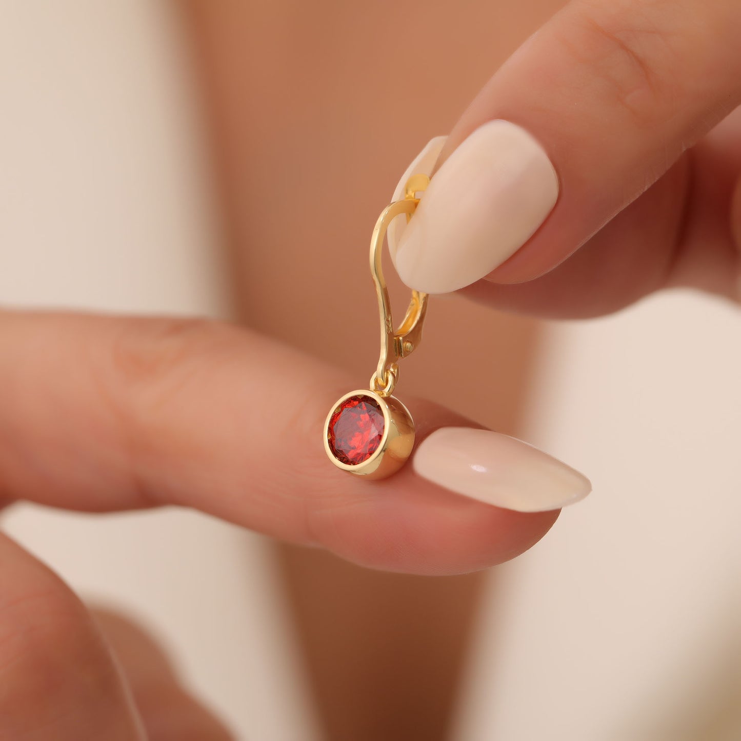 Round Garnet Bezel Dangle Earrings in 14K Solid Gold | January Birthstone