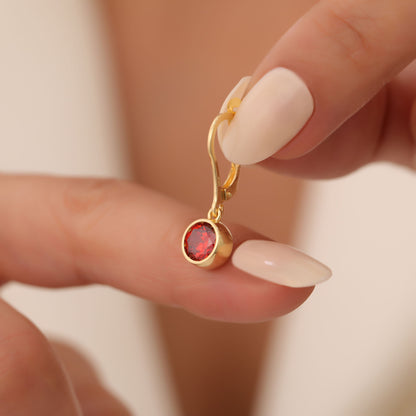 Round Garnet Bezel Dangle Earrings in 14K Solid Gold | January Birthstone