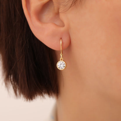 Round White Topaz Bezel Dangle Earrings in 14K Solid Gold | April Birthstone