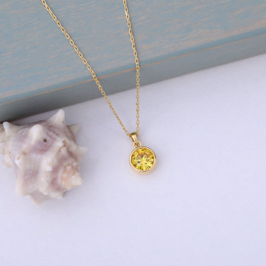 Round Yellow Topaz Bezel Necklace in 14K Solid Gold | Birthstone Pendant