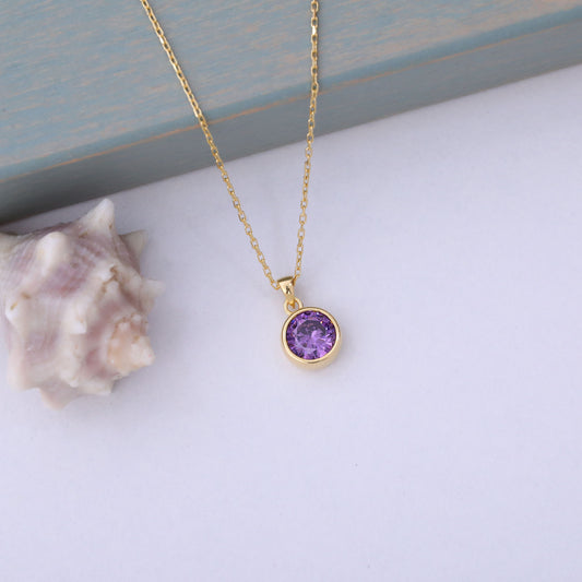 Round Amethyst Bezel Necklace in 14K Solid Gold | February Birthstone Pendant