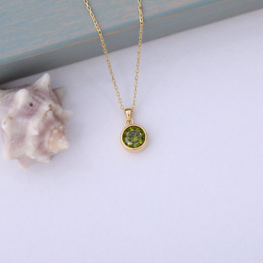 Round Peridot Bezel Necklace in 14K Solid Gold | August Birthstone Pendant