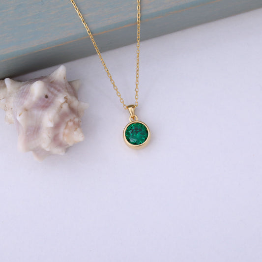 Round Emerald Bezel Necklace in 14K Solid Gold | May Birthstone Pendant