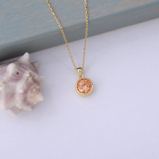 Round Citrine Bezel Necklace in 14K Solid Gold | November Birthstone Pendant