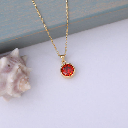 Round Garnet Bezel Necklace in 14K Solid Gold | January Birthstone Pendant