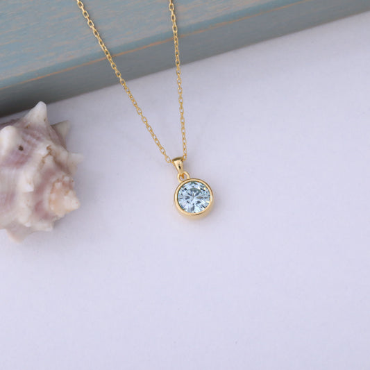 Round Aquamarine Bezel Necklace in 14K Solid Gold | March Birthstone Pendant