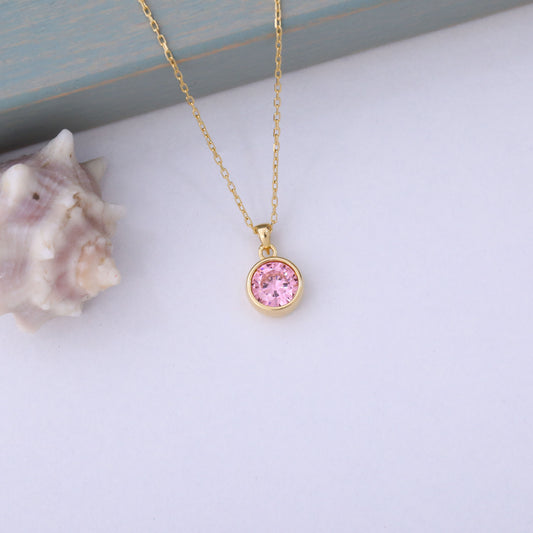 Round Pink Tourmaline Bezel Necklace in 14K Solid Gold | October Birthstone Pendant