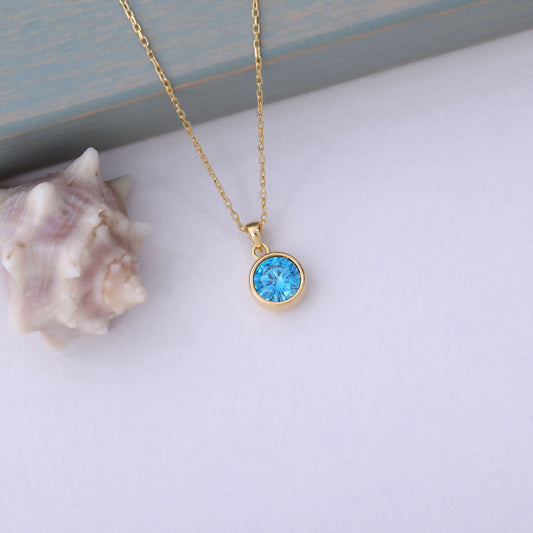 Round Blue Topaz Bezel Necklace in 14K Solid Gold | December Birthstone Pendant