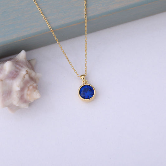 Round Sapphire Bezel Necklace in 14K Solid Gold | September Birthstone Pendant