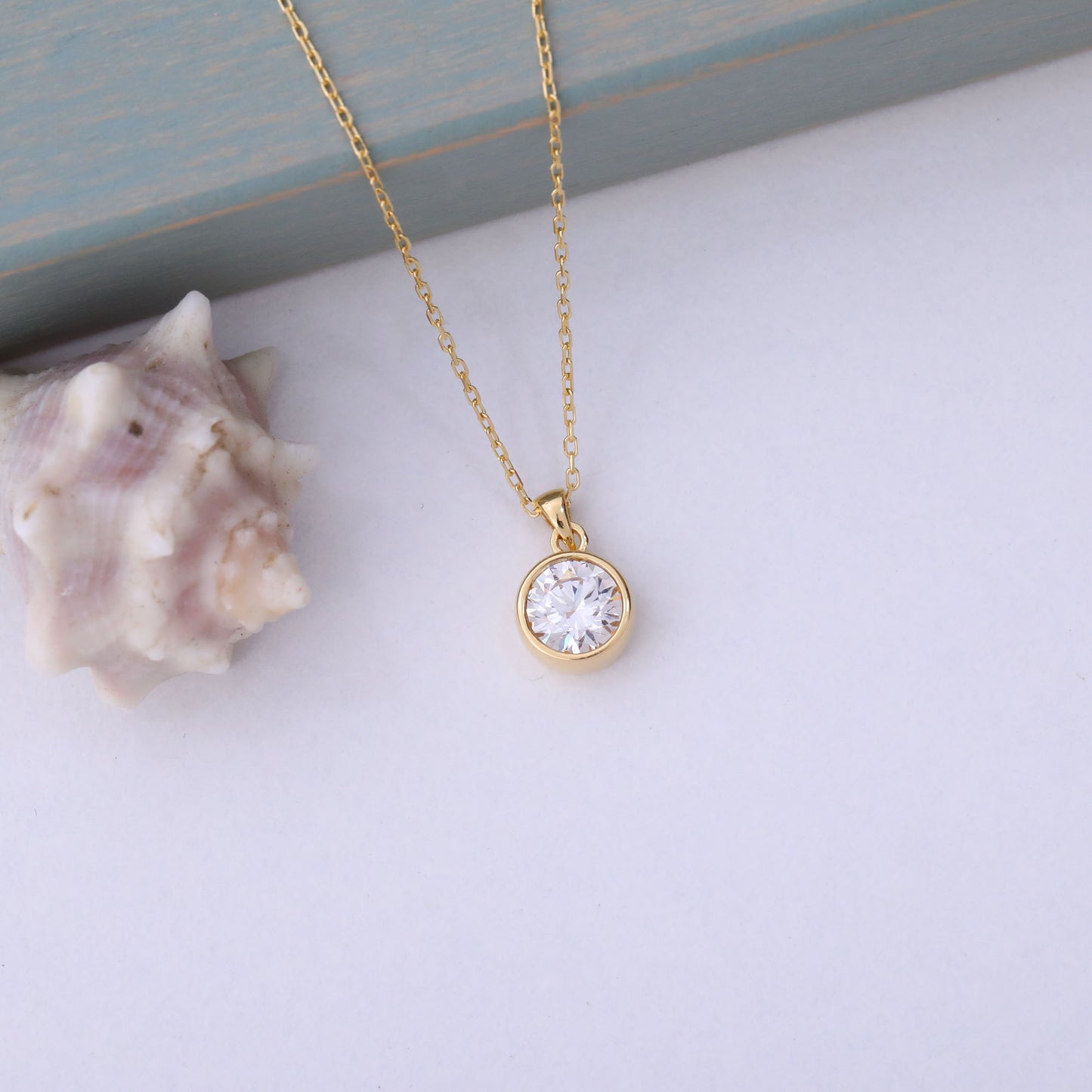 Round White Topaz Bezel Necklace in 14K Solid Gold | April Birthstone Pendant