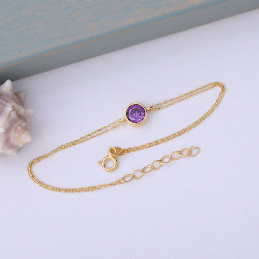 Round Amethyst Bezel Bracelet in 14K Solid Gold | February Birthstone