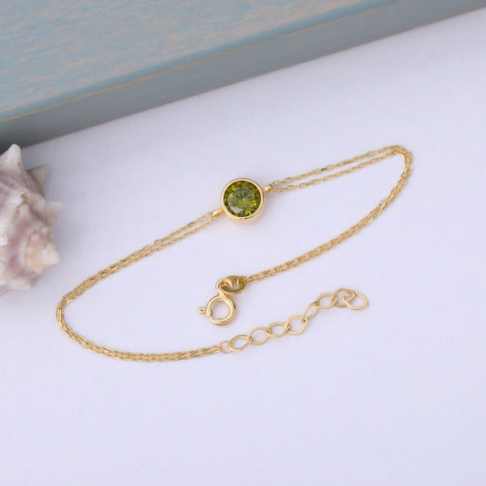 Round Peridot Bezel Bracelet in 14K Solid Gold | August Birthstone