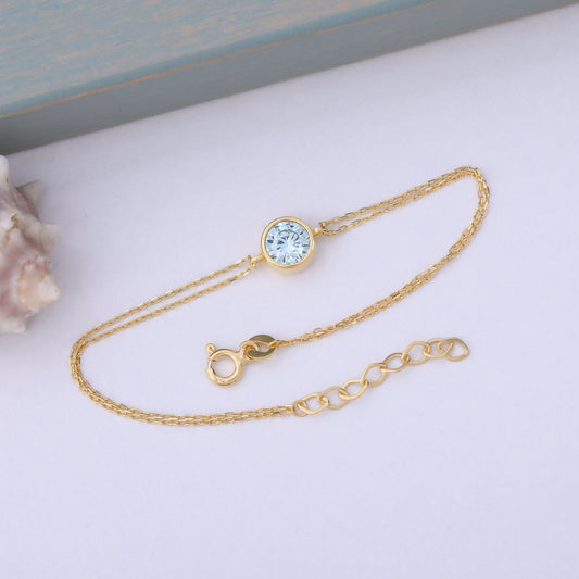 Round Aquamarine Bezel Bracelet in 14K Solid Gold | March Birthstone