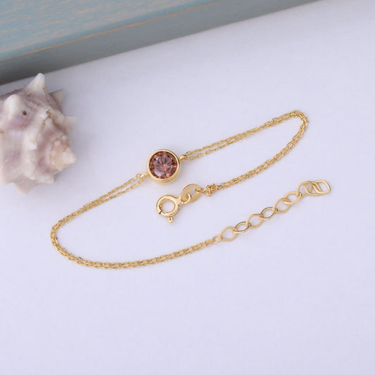 Round Smoky Quartz Bezel Bracelet in 14K Solid Gold | Birthstone Jewelry