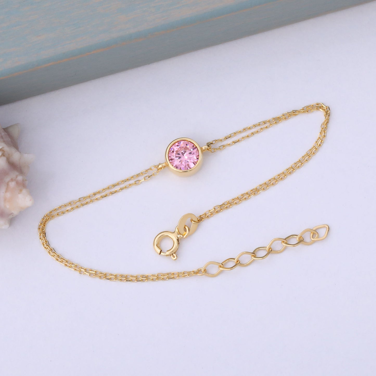 Round Pink Tourmaline Bezel Bracelet in 14K Solid Gold | October Birthstone